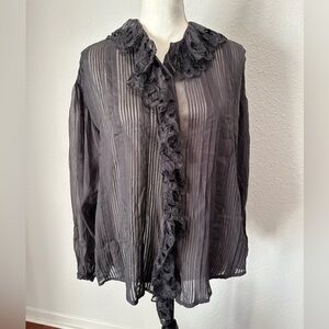 Johnny Was Charcoal Sheer Blouse with Floral Trim